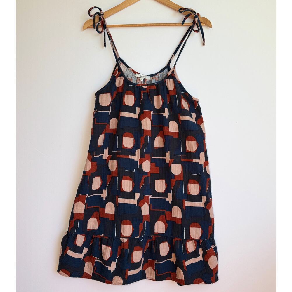 Madewell Lightestspun Tie Strap Ruffle Hem Cover Up Dress Small Blue Retro Geo